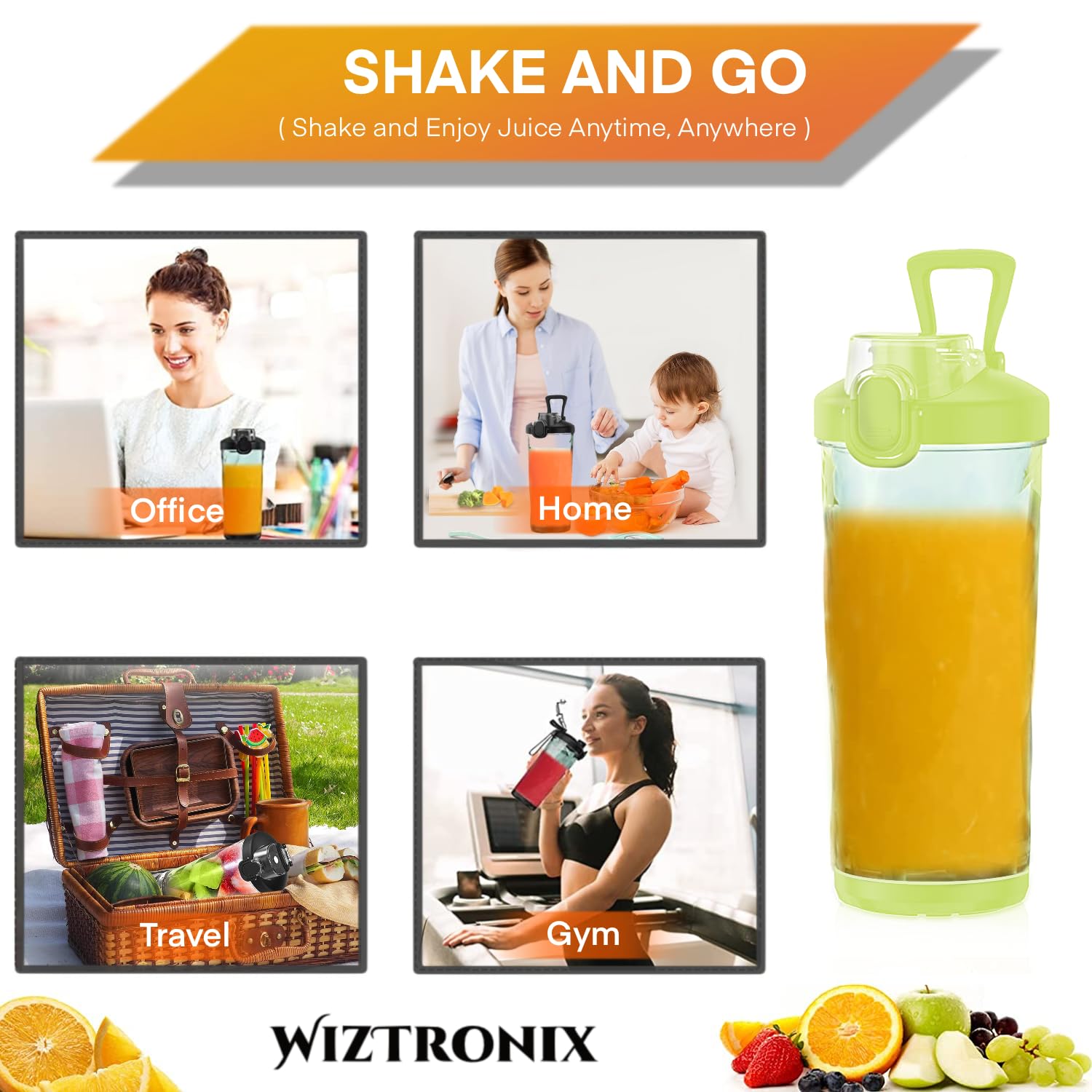 Cordless 21oz Portable Blender BPA Free With Personal Blender Cup, Best For Smoothie, Shakes, and Cocktails, With Durable Stainless Steel Blades, USB-C Rechargeable in Lime By WIZTRONIX