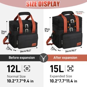 BECOJADDE Lunch Bag for Men and Women, Expandable Insulated Lunch Box Soft Cooler with Shoulder Strap for Work Travel Picnic (15L, Black+Brown)