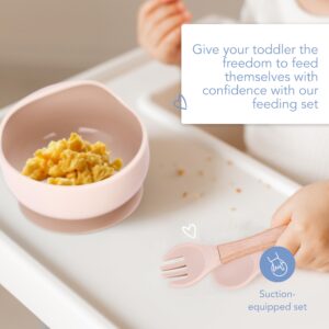 Light Autumn - Silicone Baby Feeding Set - Toddler Led Weaning Supplies - Kids Plate, Bowl, Spoon and Fork Set with Wooden Handle - Feeding Set For Infants - Baby Utensils Set 3.14x7.8x5.9" (Cream)