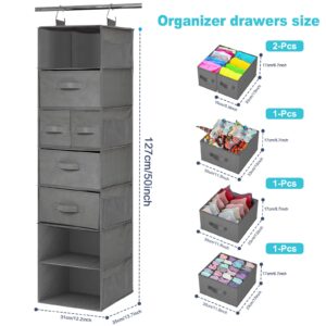 7-Shelf Hanging Closet Organizer with 5 Drawers, Hanging Closet Shelves Storage and 8 Mesh Pockets, Closet Organization and Storage for Wardrobe, Nursery, Baby, Underwear, Dorm,12.2*13.7*50''(Gray)