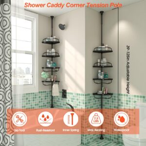 Shower Caddy Corner,39-125in Adjustable Tension Pole Shower Organizer for Bathroom,Rustproof Bathtub Storage Holder with 4 ABS Plastic Shelves for Insider Shower,Black