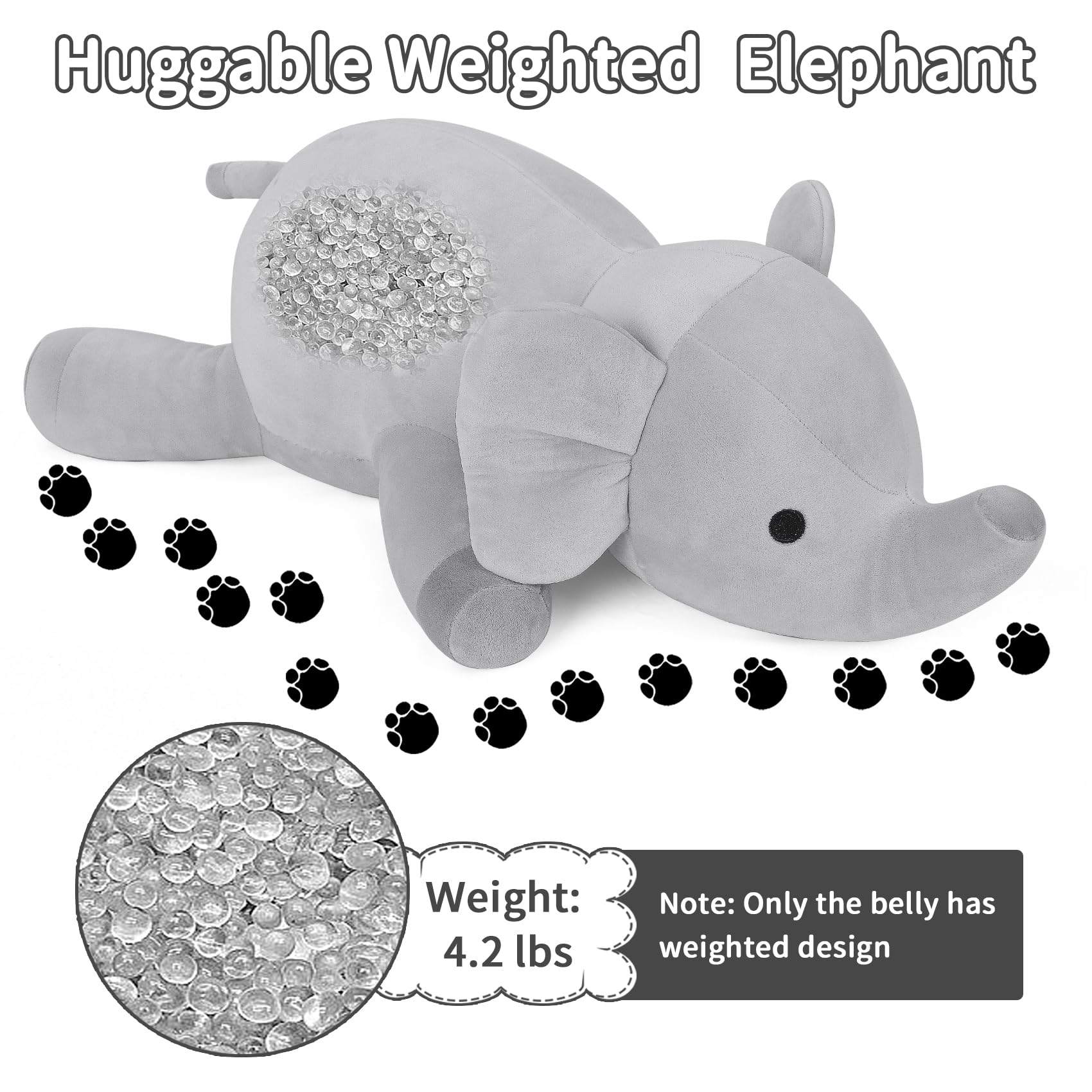 Wepop Weighted Stuffed Animals, 24in Giant Weighted Elephant Plush Toys, 4.2lb Cute Soft Plushie Throw Pillows, Birthday for Kids (Gray)