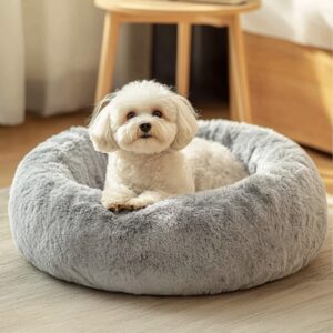 jollyvogue calming donut dog bed & cat bed, anti-anxiety washable round bed, fluffy dog cuddler bed, cozy dog cat cushion bed for small puppy (20")