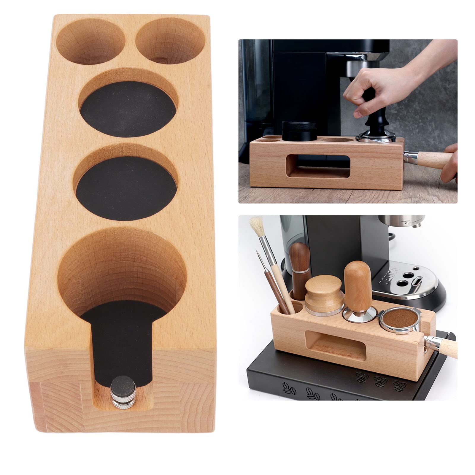 Wood Coffee Filter Tamper Holder with Mat, 5 Hole Espresso Tamping Station Wooden Espresso Tamper Mat Stand (S)