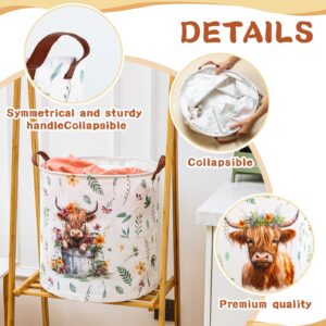 Barydat 2 Pcs Highland Cow Storage Basket, 17.3'' x 16.5'' Collapsible Waterproof Laundry Hamper, Nursery Toys Clothes Storage Basket Bin, Floral Farm Animal Holder Organizer for Bathroom