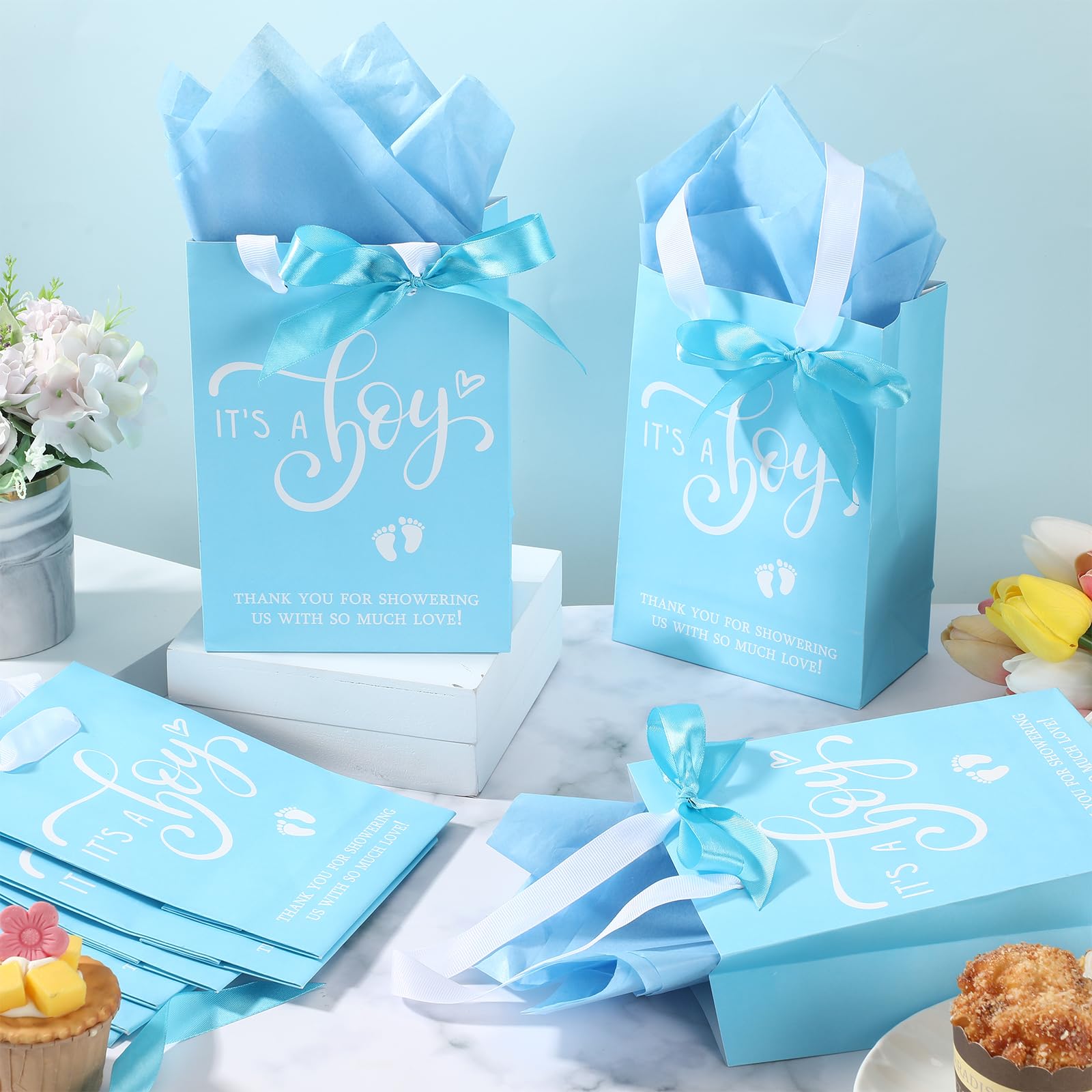 Qilery 50 Sets 8" Baby Boy Gift Bags with Tissue Paper It's a Boy Baby Shower Bag Blue Baby Shower Bags with Handle Paper Gift Bag for Guests Gender Reveal Baby Shower Party Favors