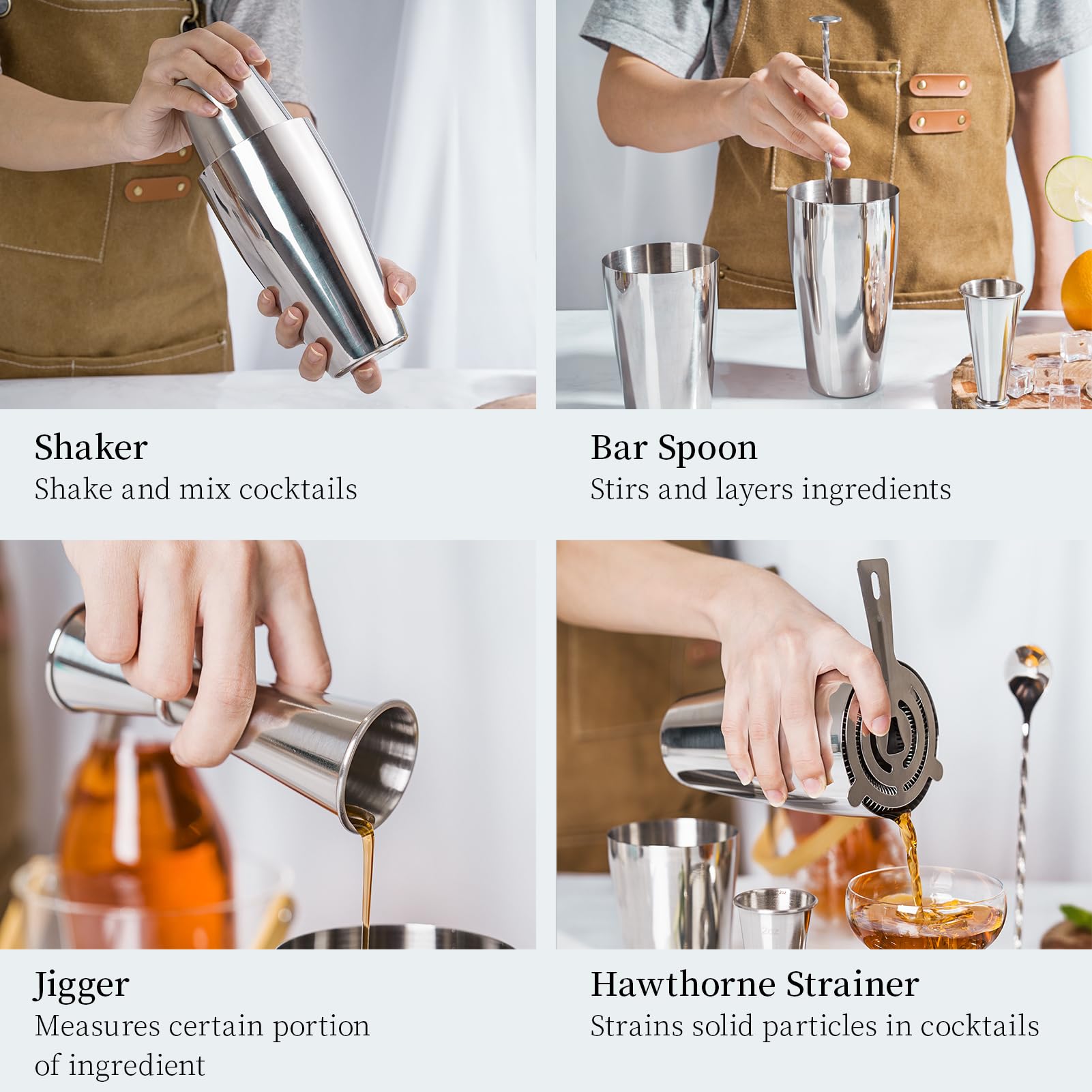 X Home Cocktail Shaker Set, Professional 4-Piece Bartender Kit with Boston Shaker, Hawthorne Strainer, Double Measuring Cocktail Jigger, and 10-inch Mixing Spoon, Bartender's Choice