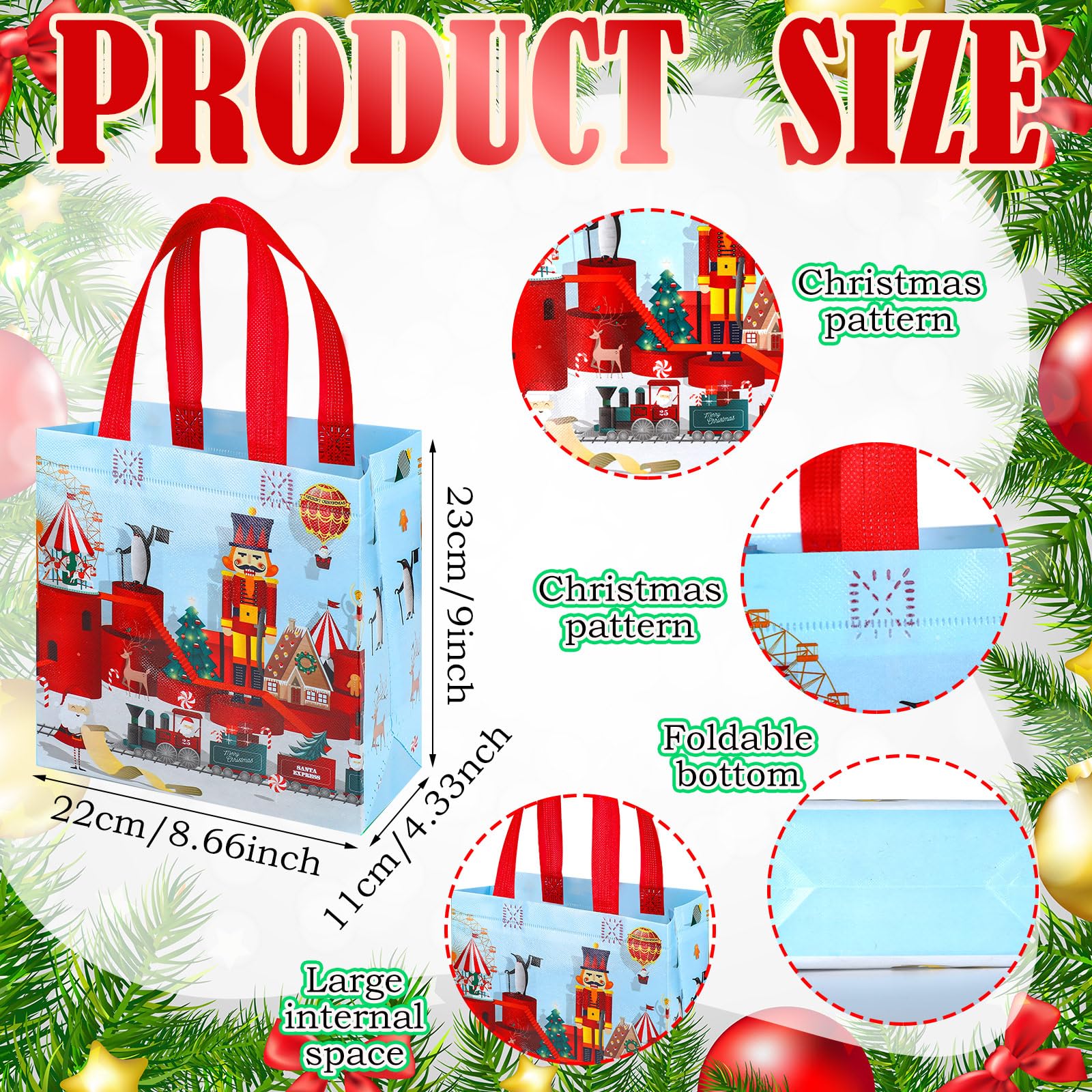 Chapou 100 Pcs Christmas Gift Bag Bulk Reusable Christmas Bags with Handles 9.06 x 8.66 x 4.33 in Xmas Tote Bags Snowman Santa Claus Non Woven Shopping Goodies Bags for Xmas Holiday Party Supplies