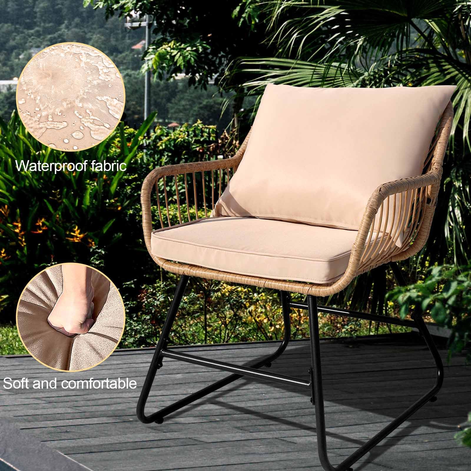 FKSLIFE Outdoor Wicker Patio Conversation Set, All-Weather Rattan Conversation Chairs for Backyard, Balcony, Deck ，Porch ，with Soft Cushions (Beige+Beige, 4-Piece Set)