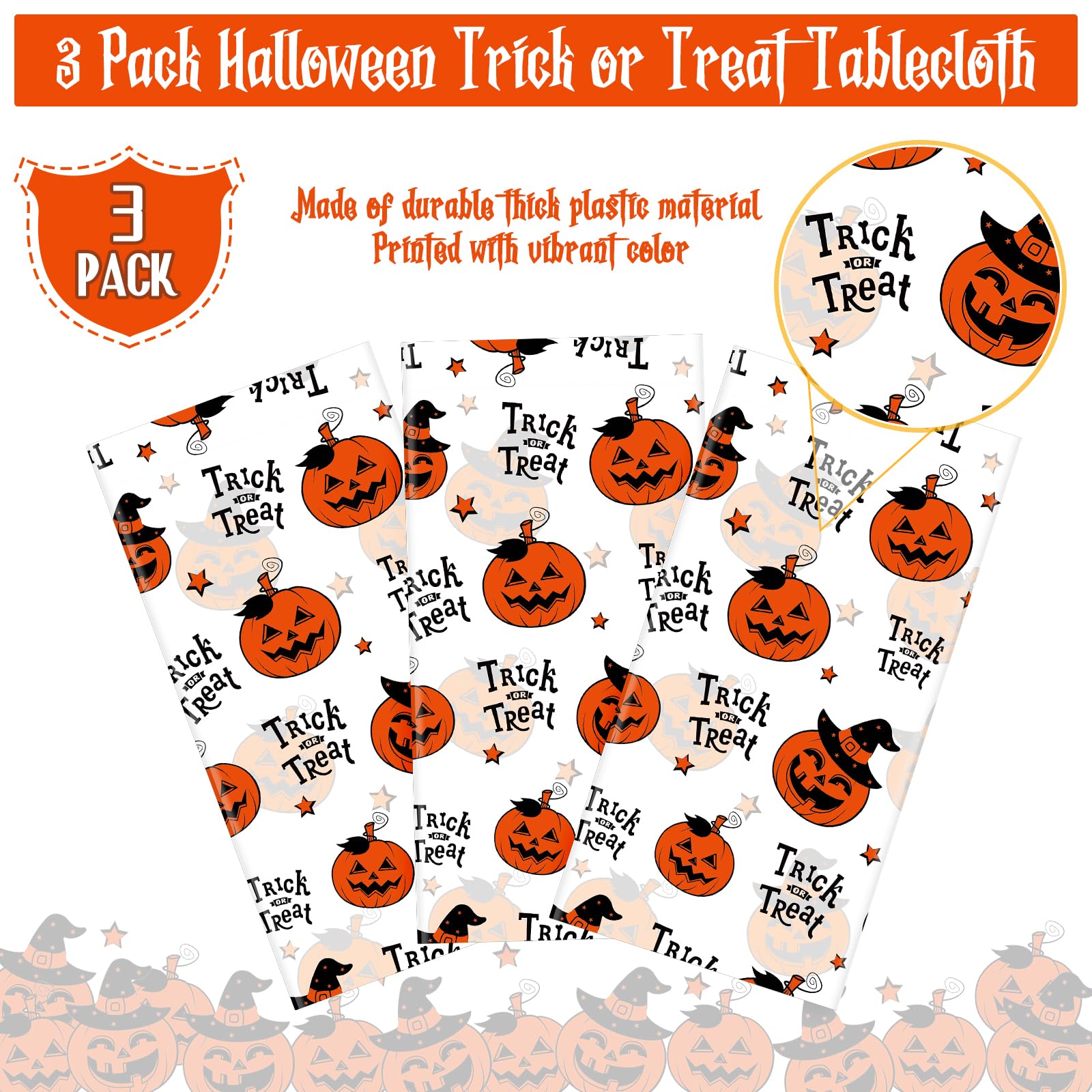 3 Pack Halloween Plastic Tablecloth Decorations, Trick or Treat Halloween Disposable Table Cloth, Halloween Pumpkin Rectangle Table Cover for Kids Indoor Halloween Party Decorations, 54 x 108 Inch