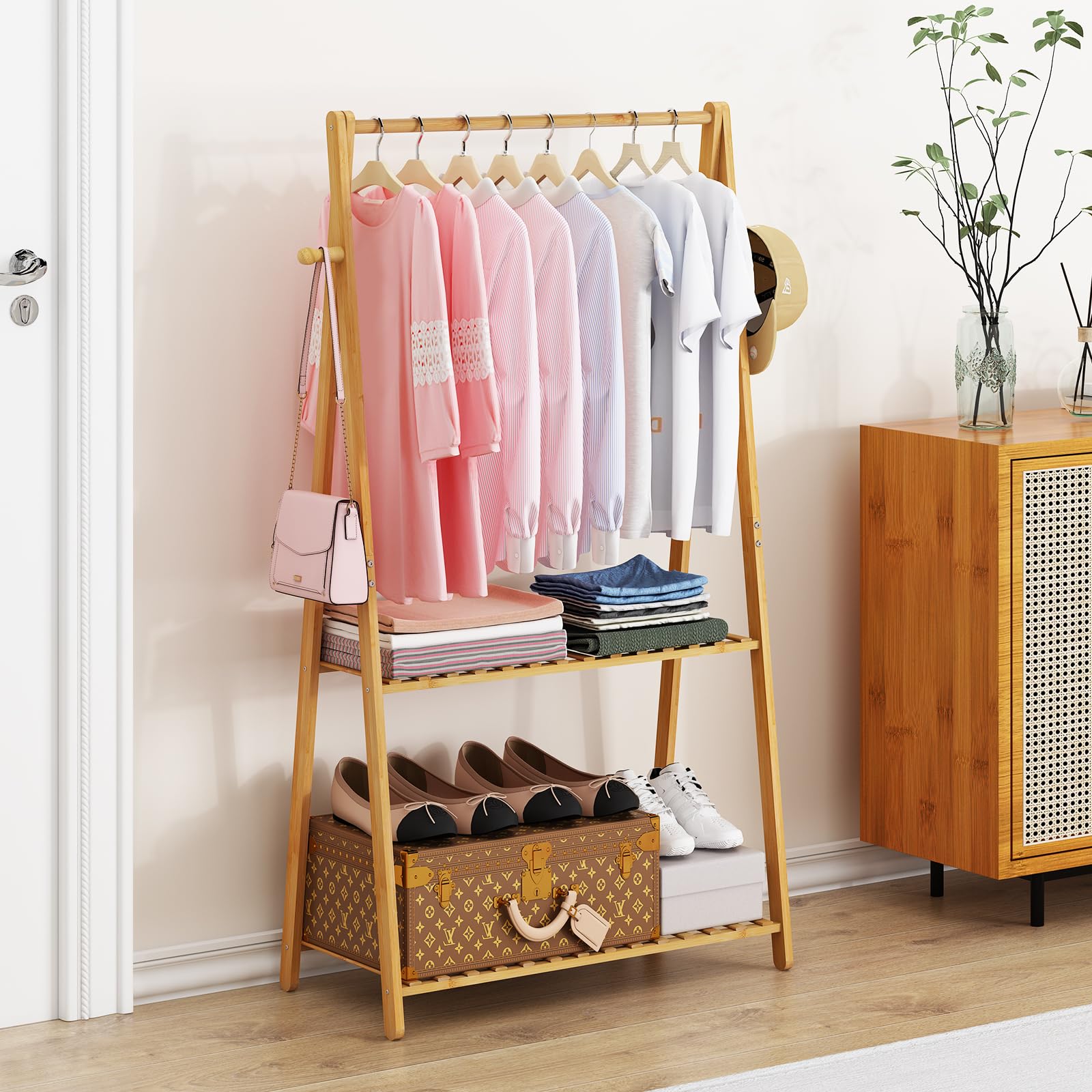 COOGOU Kids Clothing Rack for Hanging Clothes Portable Clothes Rack Wooden Drying Rack Clothing Standing Bamboo Garment Rack with Shelves Laundry Rack for Drying Clothes Indoor