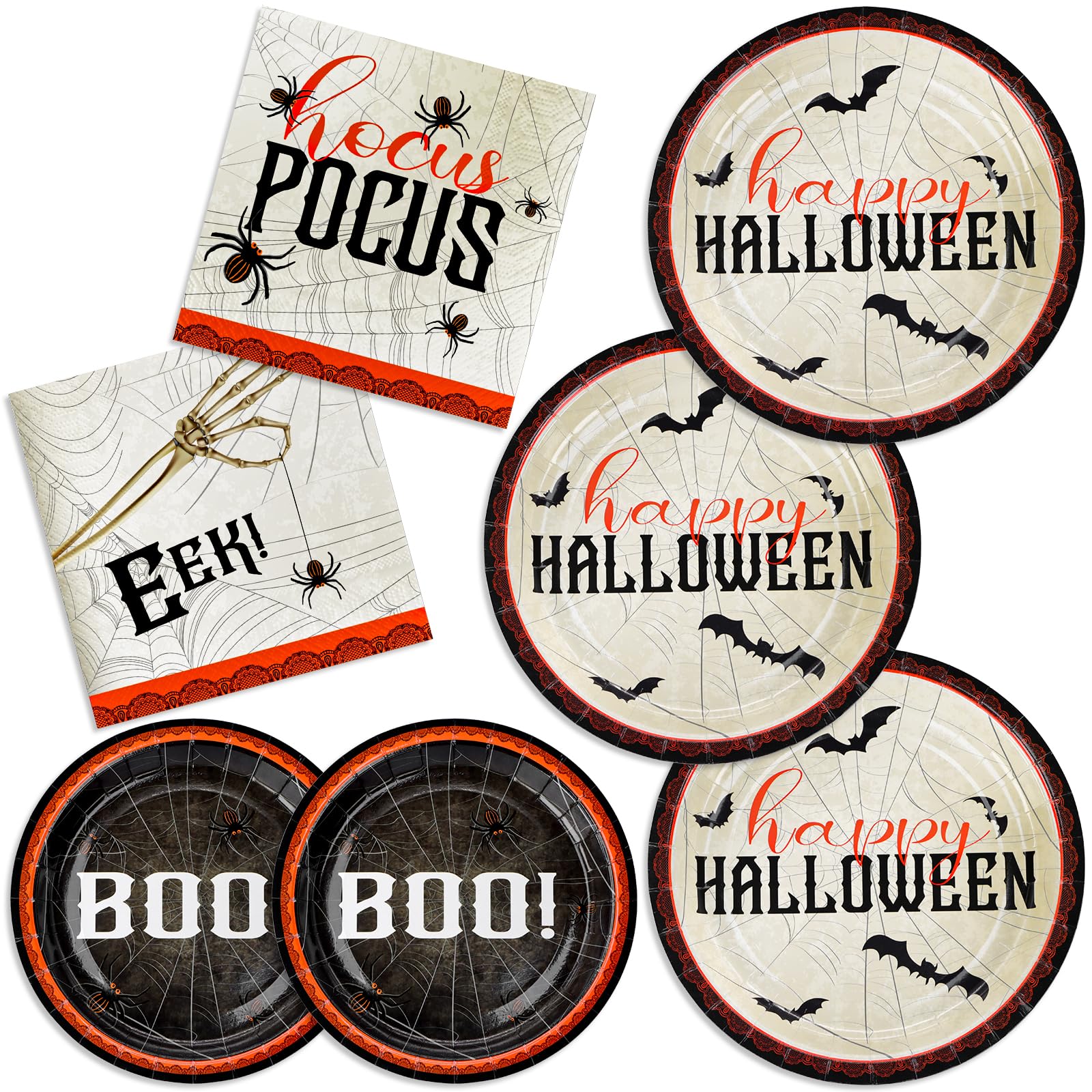 ECOHOLA Wicked Webs Halloween Dinnerware Party Supplies, 9.2" Paper Dinner Plates, 7" Paper Dessert Plates, 6.5" Napkins, Bats Spiders Skeleton Hand Hocus Pocus Halloween Decoration Set Serves 50