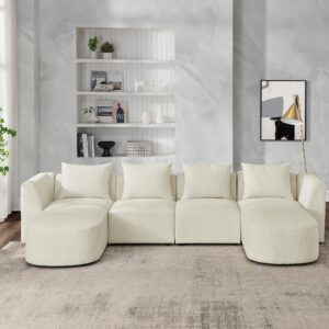 GNIXUU Modular Sectional Sofa, Modern Minimalist Boucle Fabric U-Shaped Sectional Couch, Comfy Double Chaise Lounge 4 seat Couch Set with Pillows for Living Room, Office, Apartment，117Inch(Beige)