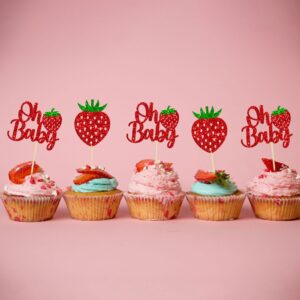 24 Pack Sweet Oh Baby Cupcake Toppers Glitter Oh Baby Strawberry Cupcake Picks Fruit Berry Cupcake Decorations for Summer Strawberry Baby Shower Kids Birthday Party Supplies Red