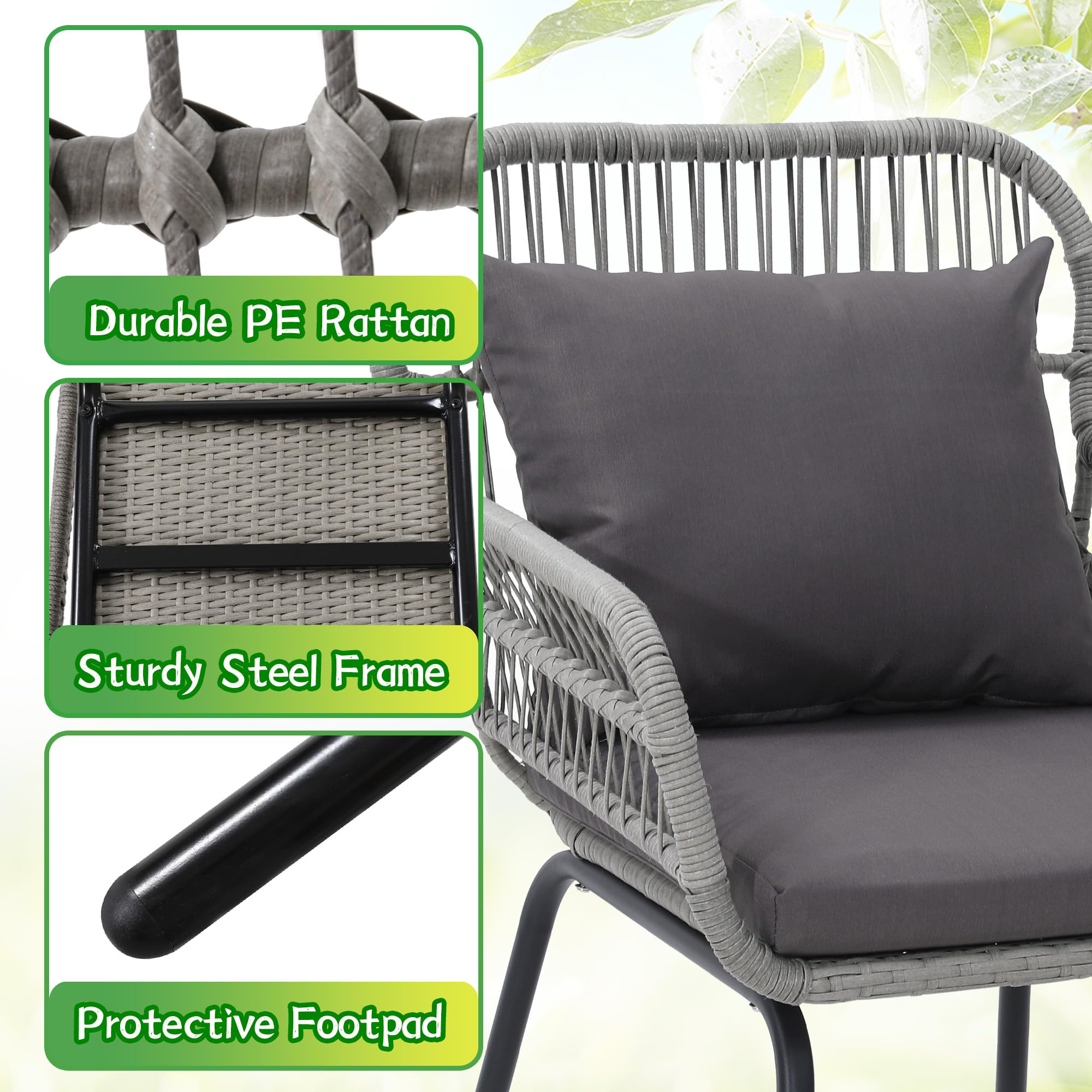 wildformers 3 Pieces Rattan Wicker Bistro Set, Outdoor Conversation Set, Wicker Rattan Furniture Set with Glass Top Table, Space Saving for Balcony, Backyard, Grey