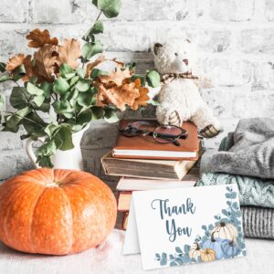 AnyDesign 36 Pack Fall Pumpkin Thank You Card Grey Blue Pumpkin Thank You Note Cards with Envelope Stickers Blue Eucalyptus Leaves Blank Cards for Fall Thanksgiving Baby Shower Wedding, 4 x 6 Inch