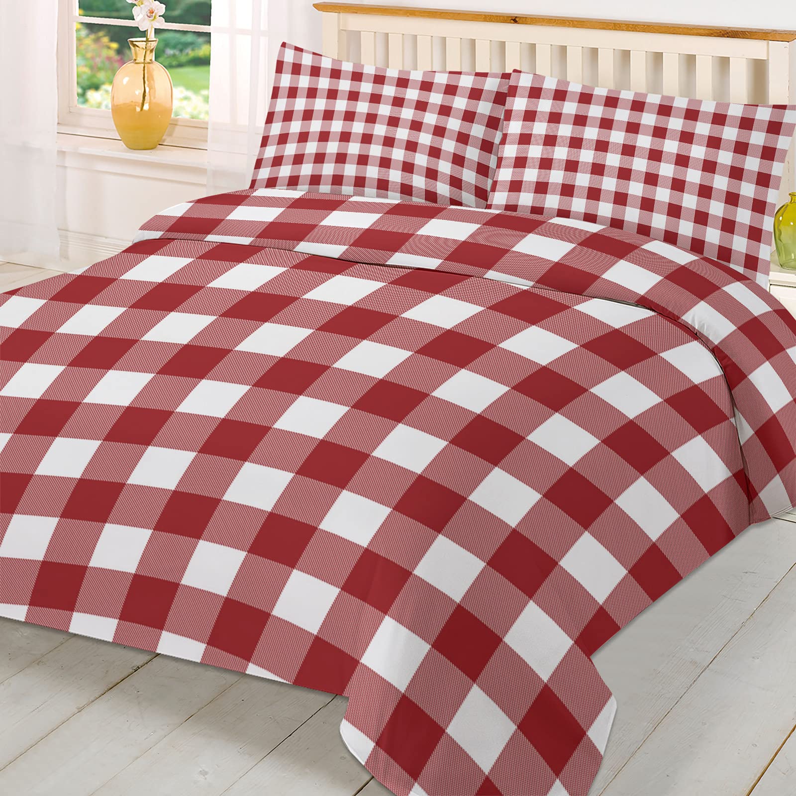 Bedding Duvet Covers Set 3 Piece Set, Red White Buffalo Grid Twin Red White Buffalo Grid Duvet Cover and 2 Pillow Cases Set, Ultra Soft and Breathable, All Season Microfiber Reversible Bedding