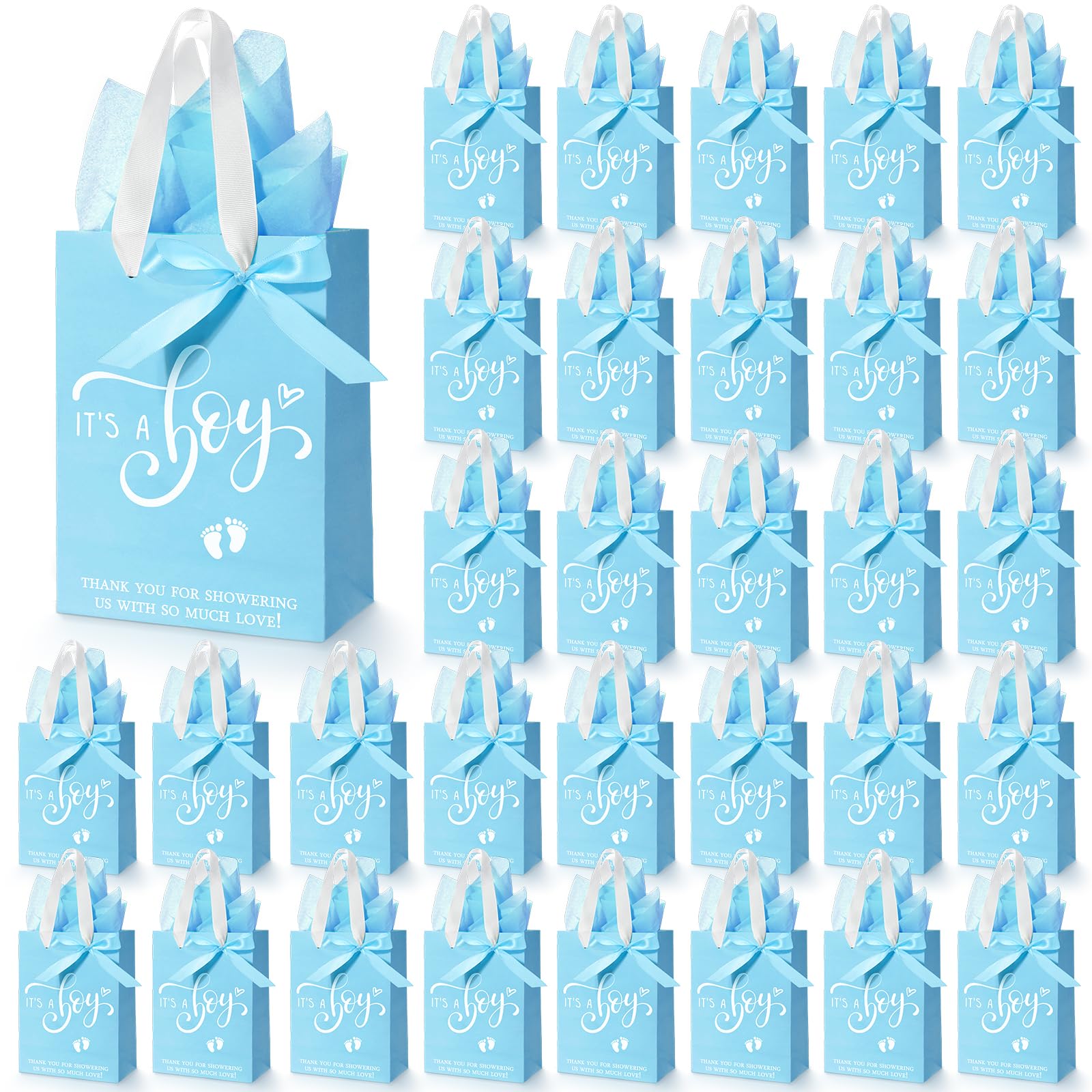 Qilery 50 Sets 8" Baby Boy Gift Bags with Tissue Paper It's a Boy Baby Shower Bag Blue Baby Shower Bags with Handle Paper Gift Bag for Guests Gender Reveal Baby Shower Party Favors