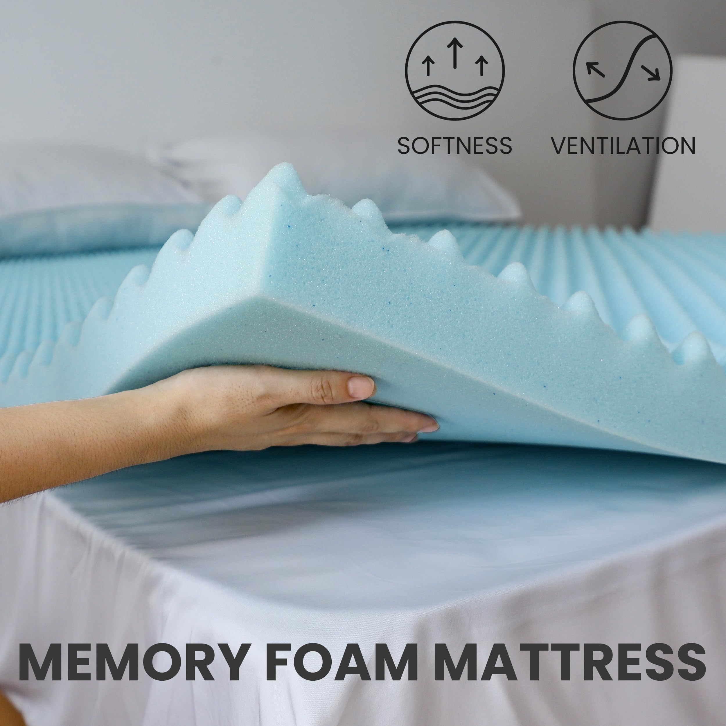 Simple&Opulence 2 Inch Egg Crate Memory Foam Mattress Topper, Convoluted Foam for Promote Airflow and Relieve Pressure Points - King Size