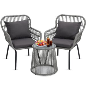 wildformers 3 pieces rattan wicker bistro set, outdoor conversation set, wicker rattan furniture set with glass top table, space saving for balcony, backyard, grey