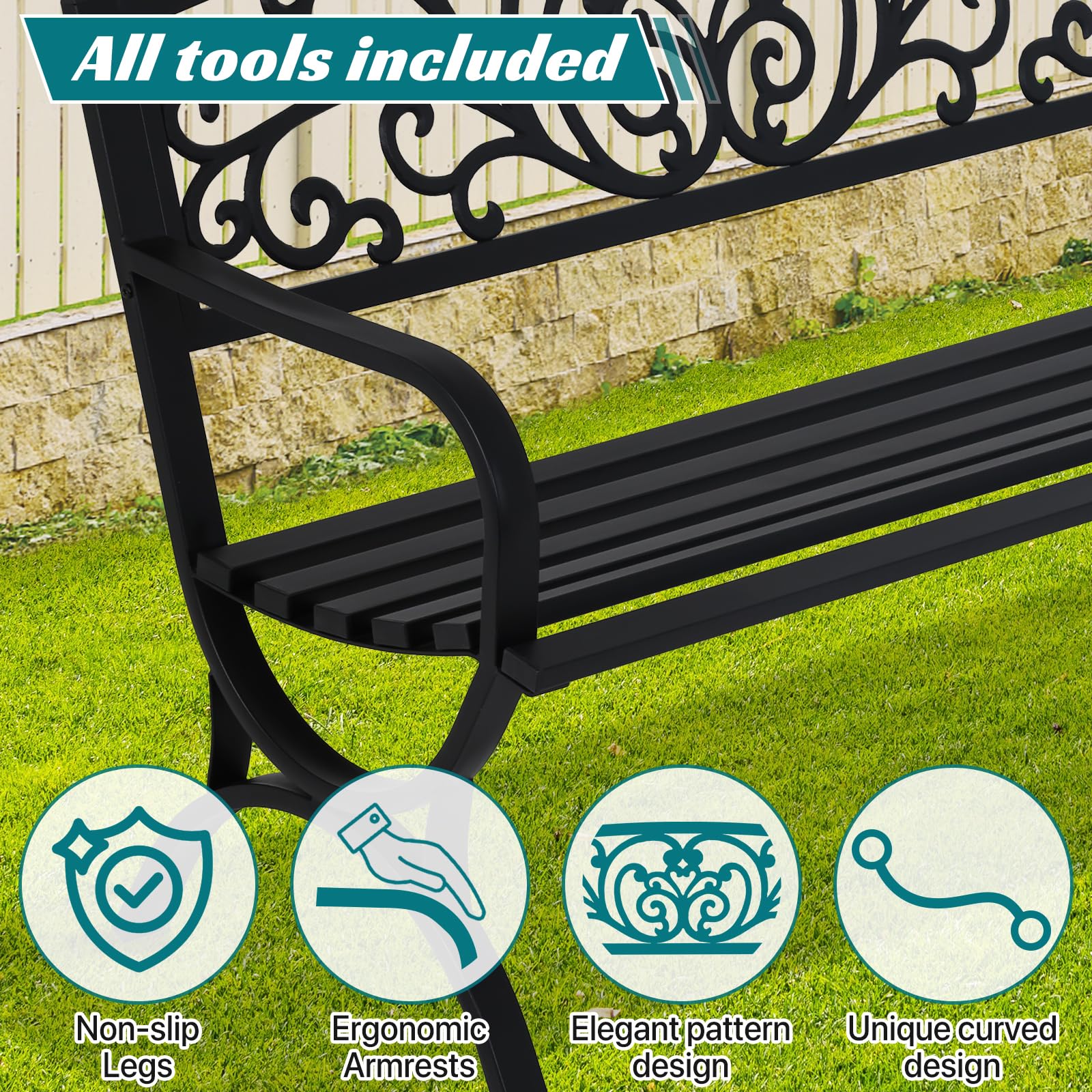 YRLLENSDAN 50" Outdoor Bench w/Floral Design Backrest Garden Bench, Cast Iron Patio Bench Arch Legs Metal Benches for Porch Lawn Front Porch, Black