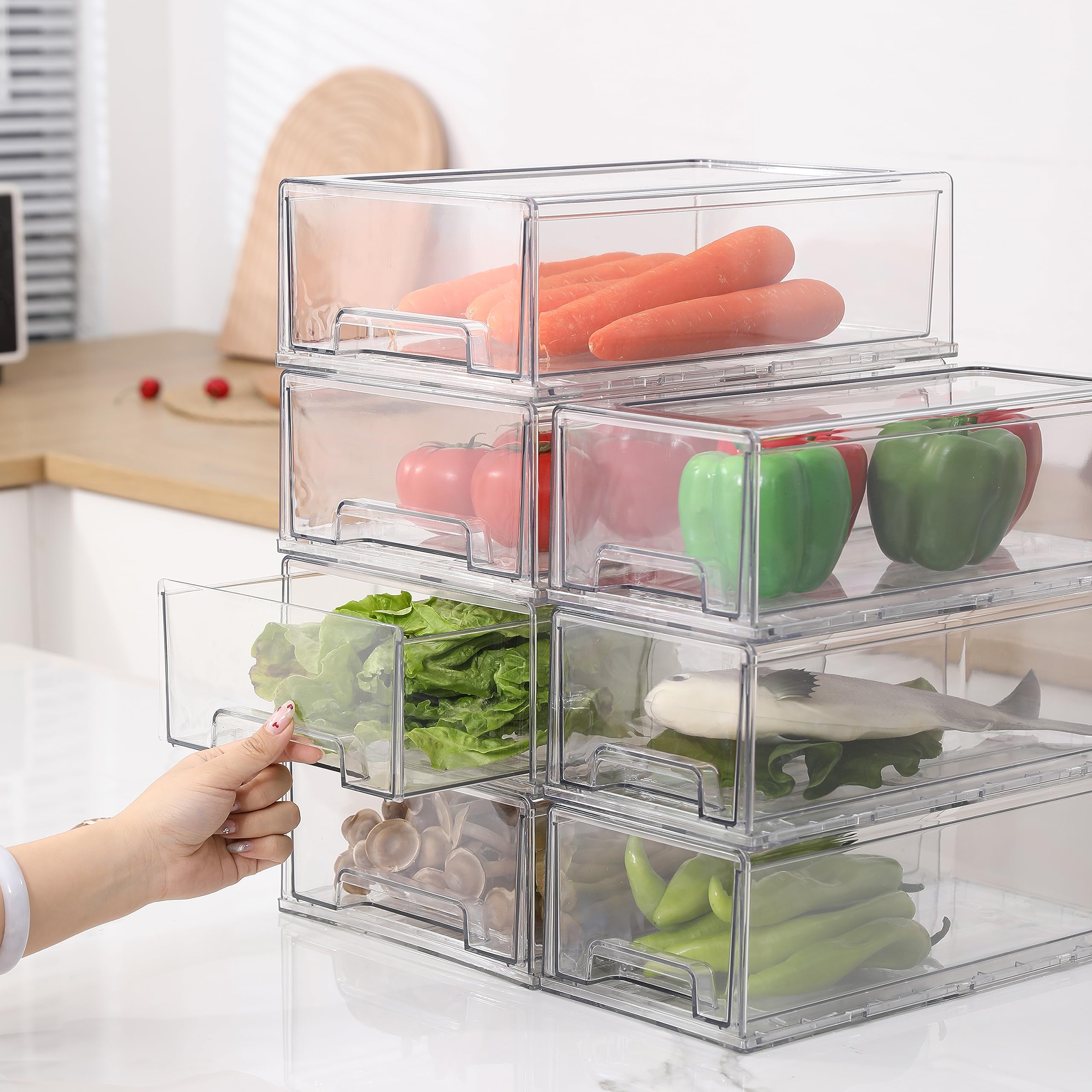 SIMPEXPE Stackable Storage Drawer, Pull Out Plastic Food Fridge Organizer Bins for Pantry Shelf Refrigerator Organization Kitchen Bathroom Cabinet Closet Office Clear -2Pack