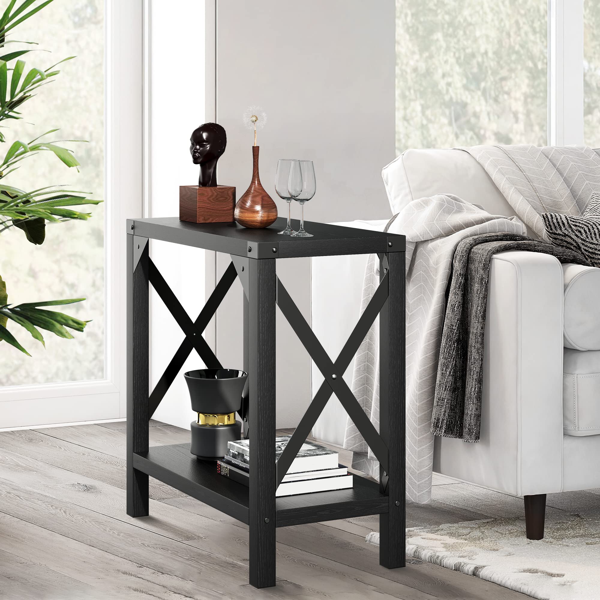 IDEALHOUSE Farmhouse End Table for Small Spaces Narrow Side Table Rectangular Nightstand Sofa Side Table for Living Room, Bedroom, Lounge(Black)