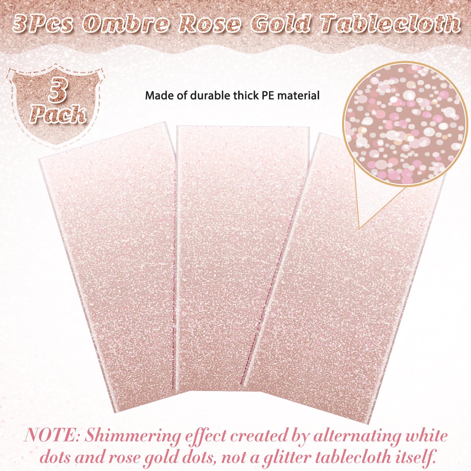 3 Pack Ombre Rose Gold Plastic Tablecloth for Parties, Gradient Pastel Rose Gold Disposable Tablecloths for Rectangle Tables, Light Pink Sprinkle Table Cover for Wedding Birthday Party, 54 x 108 Inch