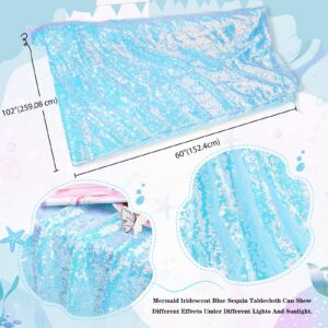 QueenDream Sequin Rectangular Table Cloth 60x102 Inch Blue Iridescent Sparkle Tablecloth Overlay for Wedding Birthday Baby Shower Bridal Outdoor Banquet Decoration