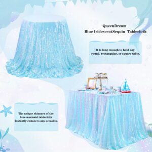 QueenDream Sequin Rectangular Table Cloth 60x102 Inch Blue Iridescent Sparkle Tablecloth Overlay for Wedding Birthday Baby Shower Bridal Outdoor Banquet Decoration