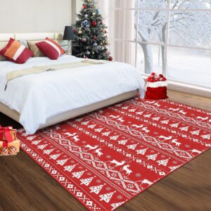 RUGSREAL Washable Christmas Area Rug Christmas Tree and Deer Boho Area Rugs Carpet Holiday Decorative Carpet Rug Velvet Foldable Coffee Table Accent Rug Farmhouse Dining Table Rug, 4' x 6'