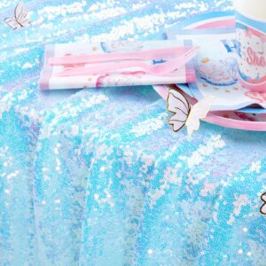 QueenDream Sequin Rectangular Table Cloth 60x102 Inch Blue Iridescent Sparkle Tablecloth Overlay for Wedding Birthday Baby Shower Bridal Outdoor Banquet Decoration