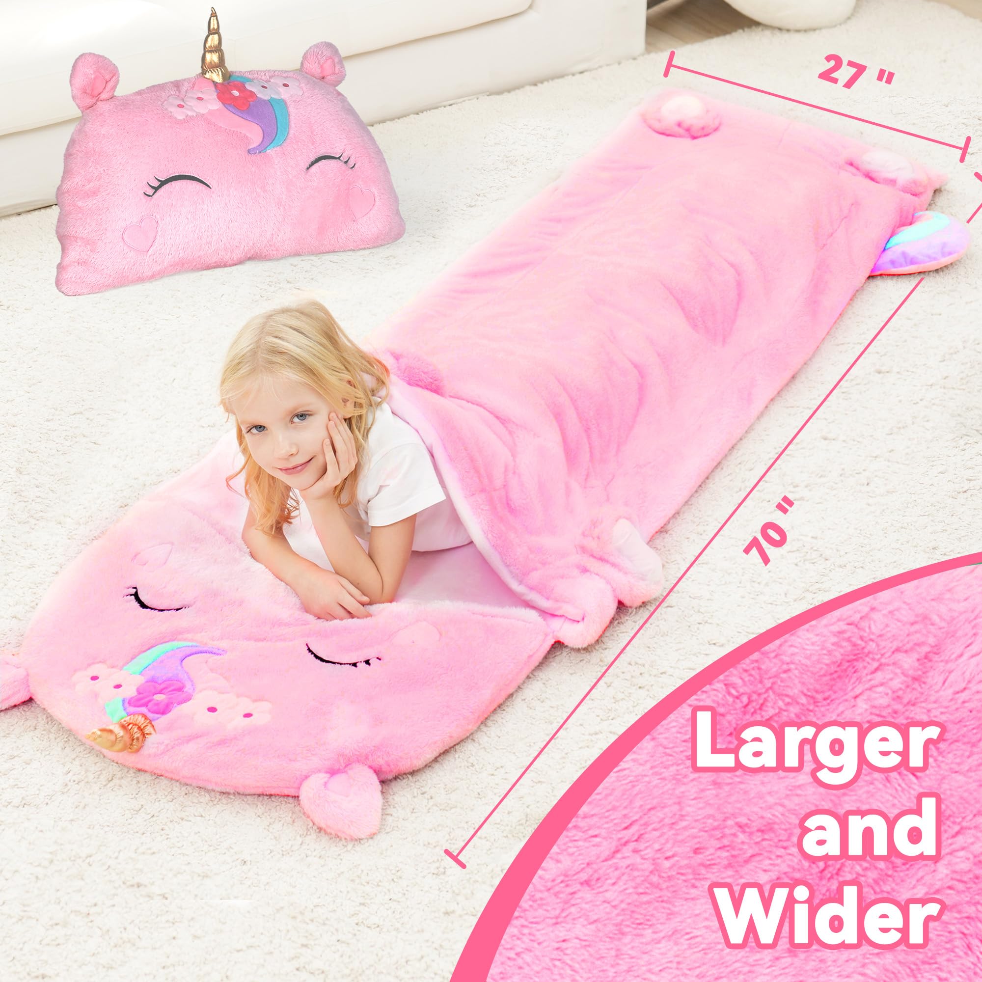 iPlay, iLearn Kids Unicorn Sleeping Bag, Toddler Girl Nap Mat, Plush Animal Slumber Bag 2 In 1 Pink Pillow Daycare Preschool Kindergarten Birthday Gift Travel Sleepover 3 4 5 6 7 8 10 12 Yr Child Teen