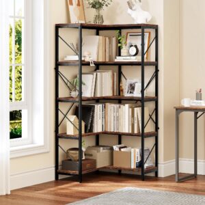 yitahome corner bookshelf, industrial corner shelf 5 tier bookcase, large display rack storage for bedroom, living room, home office,rustic brown