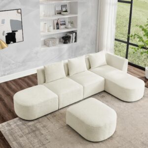 GNIXUU Modular Sectional Sofa, Modern Minimalist Boucle Fabric L-Shaped Sectional Couch with Chaise, Ottoman and 3 Pillows, 113" Comfy Couches Set for Living Room, Office, Apartment(5-seat, Beig)