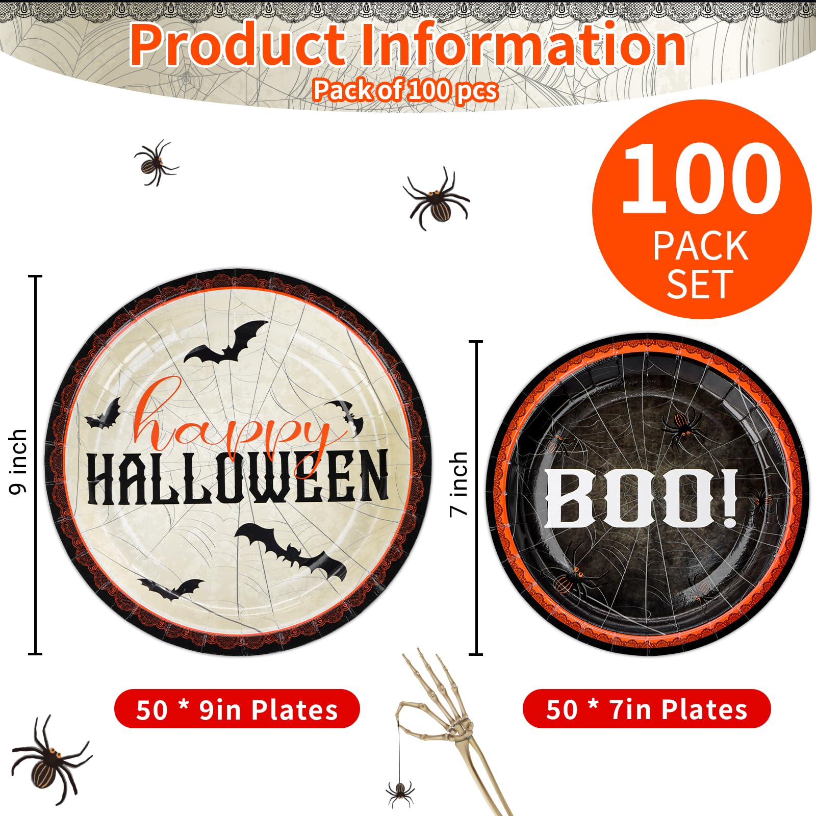 ECOHOLA Wicked Webs Halloween Party Supplies, 100 Pcs of Disposable 9'' and 7'' Plates Bats Spiders and Cobwebs Kid-Friendly Halloween Haunted Décor Paper Disposable Plates Set