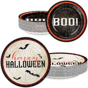 ecohola wicked webs halloween party supplies, 100 pcs of disposable 9'' and 7'' plates bats spiders and cobwebs kid-friendly halloween haunted décor paper disposable plates set