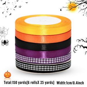 6 Rolls 150 Yards Halloween Ribbons 10mm Wide Holiday Gift Wrapping Satin Ribbon for Halloween Party Decoration, DIY Bows Crafts