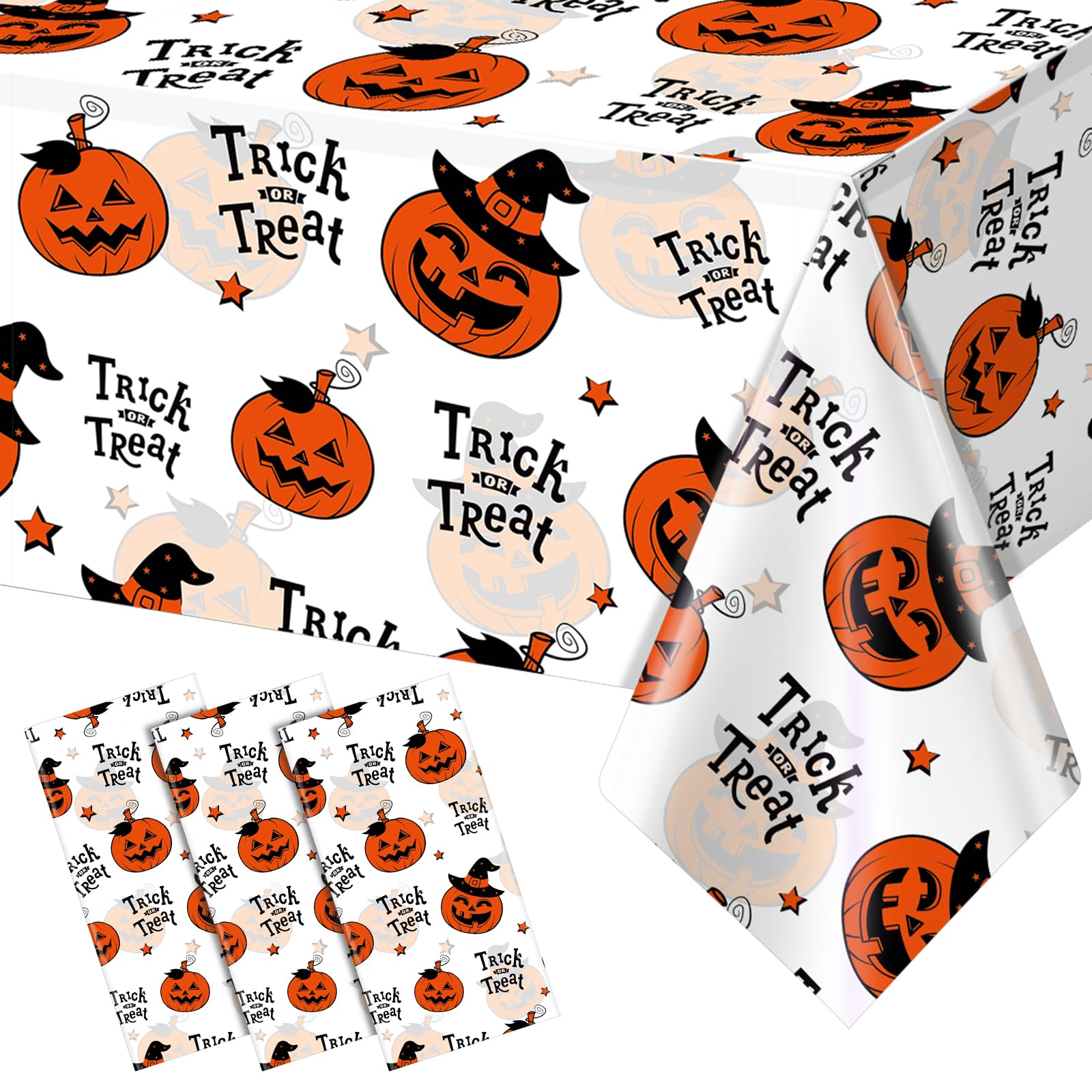 3 Pack Halloween Plastic Tablecloth Decorations, Trick or Treat Halloween Disposable Table Cloth, Halloween Pumpkin Rectangle Table Cover for Kids Indoor Halloween Party Decorations, 54 x 108 Inch