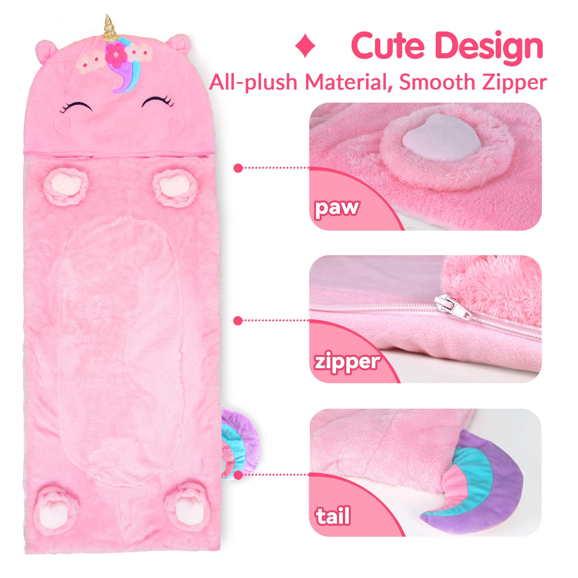 iPlay, iLearn Kids Unicorn Sleeping Bag, Toddler Girl Nap Mat, Plush Animal Slumber Bag 2 In 1 Pink Pillow Daycare Preschool Kindergarten Birthday Gift Travel Sleepover 3 4 5 6 7 8 10 12 Yr Child Teen