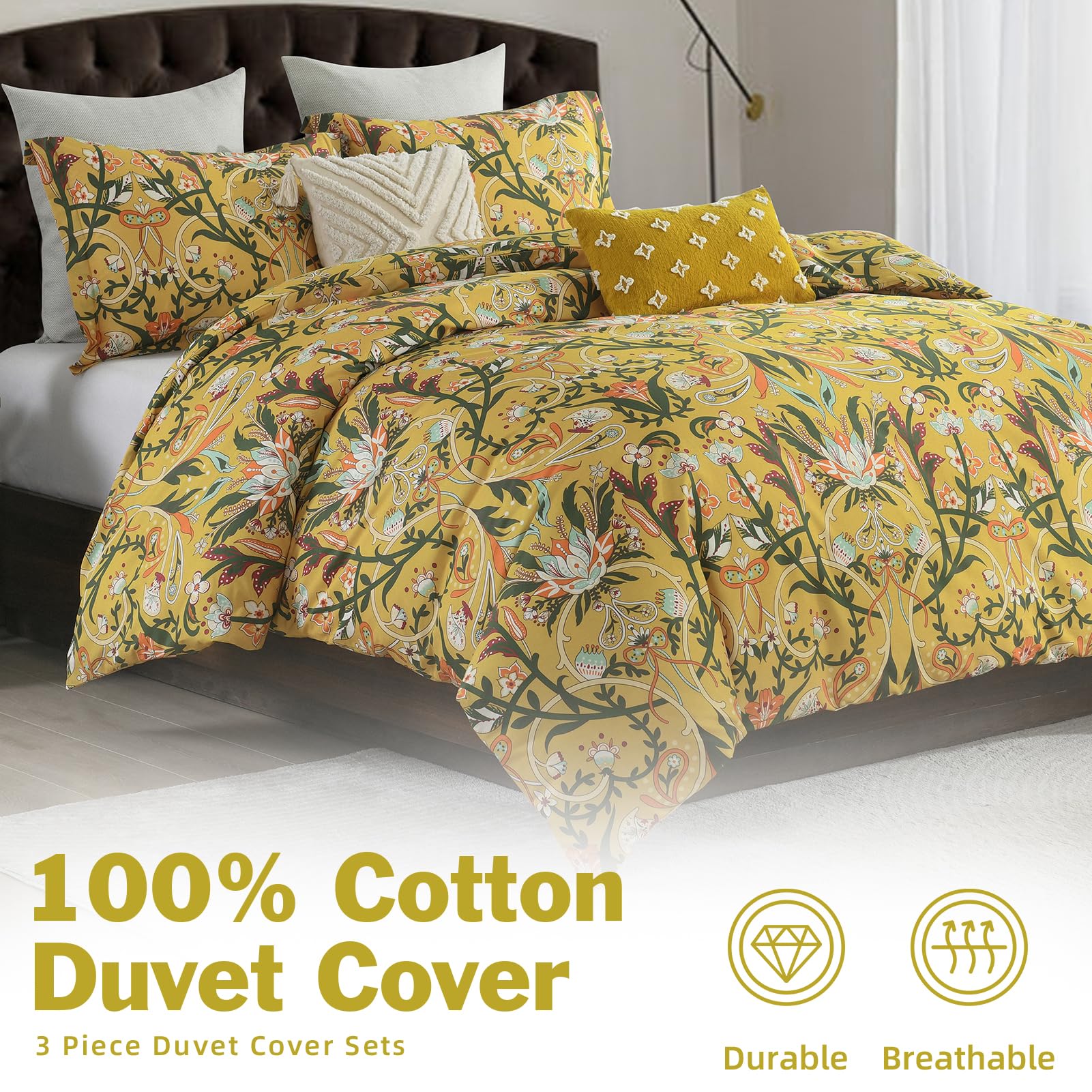 EWlinens Vintage Floral Duvet Cover King - Garden Flower Duvet Cover Set, Soft Cotton Yellow Floral Duvet Cover 3 Pieces Botanical Bedding Set with Zipper Closure, 104"x90"