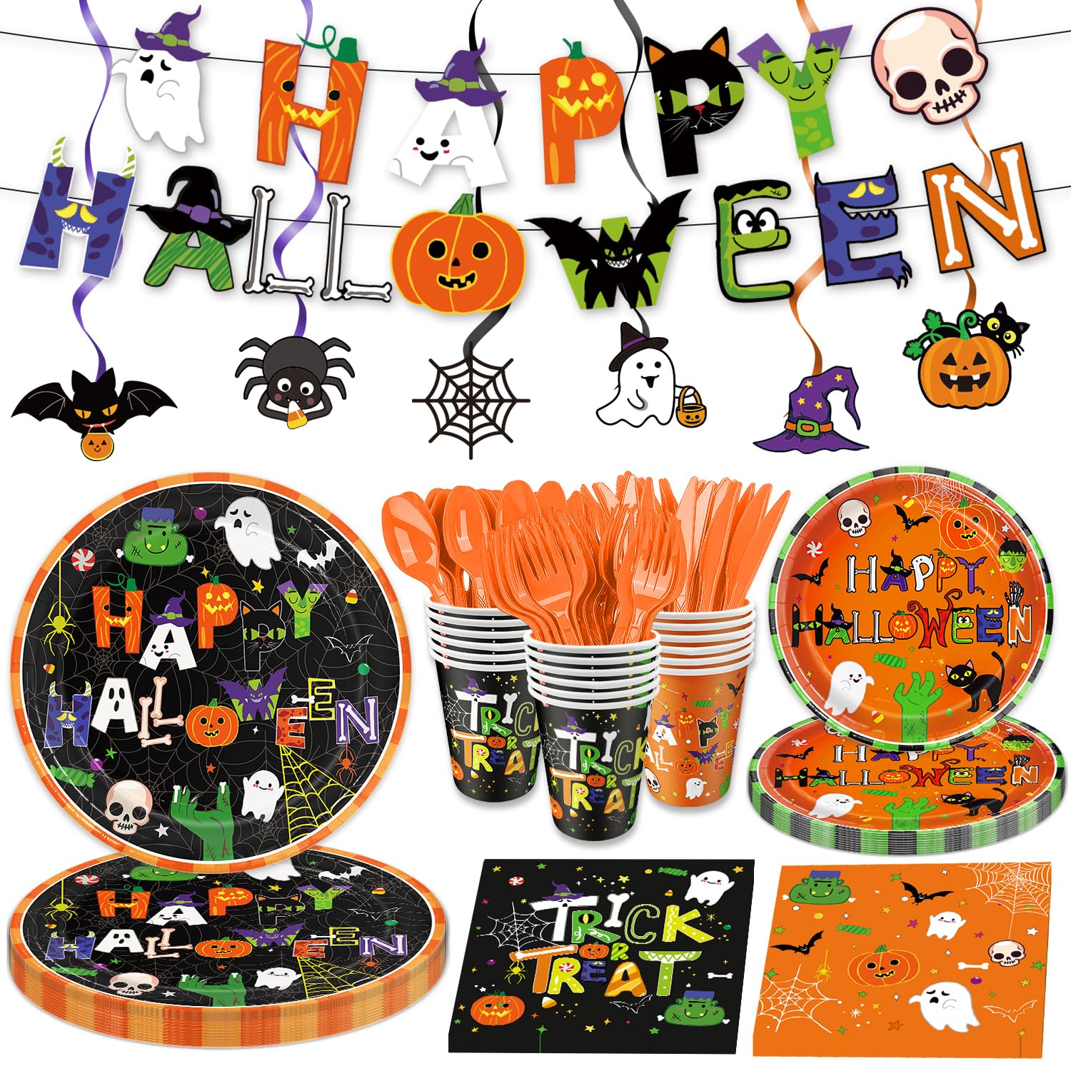 Halloween Party Supplies Set, Halloween Party Supplies Decoration - Paper Plates, Napkins, Cups, Cutlery, Banner and Hanging Swirls - 24 Serves