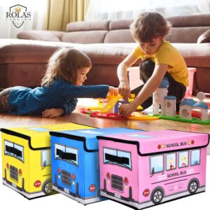 Brynnberg Foldable Toy Storage Box - Set of 3 Large Collapsible Toy Organizers - Sturdy, Soft Cloth Bins with Dustproof Flip-Top Lid - Space-Saving - Yellow, Blue, Pink - 14.9"x9.8"x9.8"