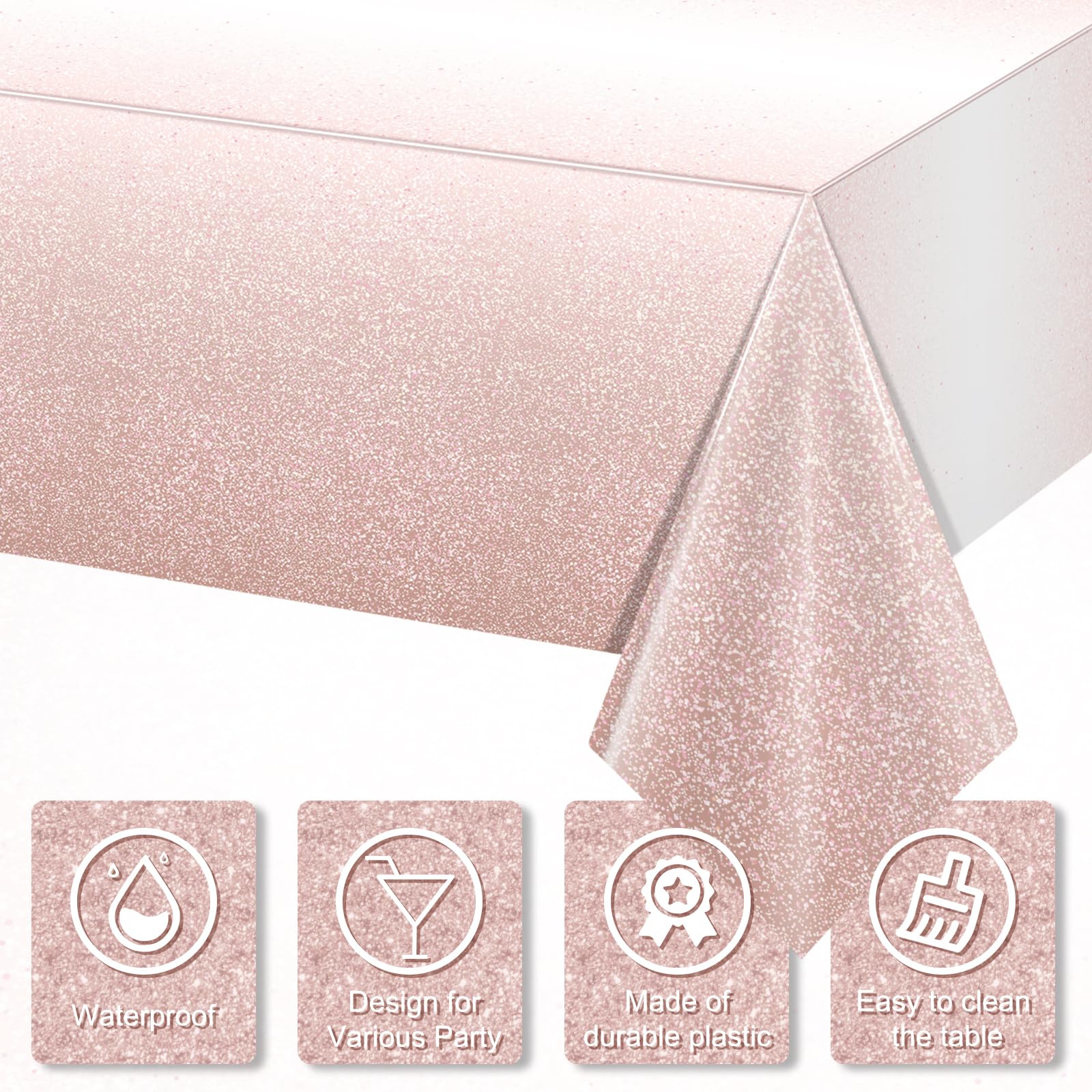 3 Pack Ombre Rose Gold Plastic Tablecloth for Parties, Gradient Pastel Rose Gold Disposable Tablecloths for Rectangle Tables, Light Pink Sprinkle Table Cover for Wedding Birthday Party, 54 x 108 Inch