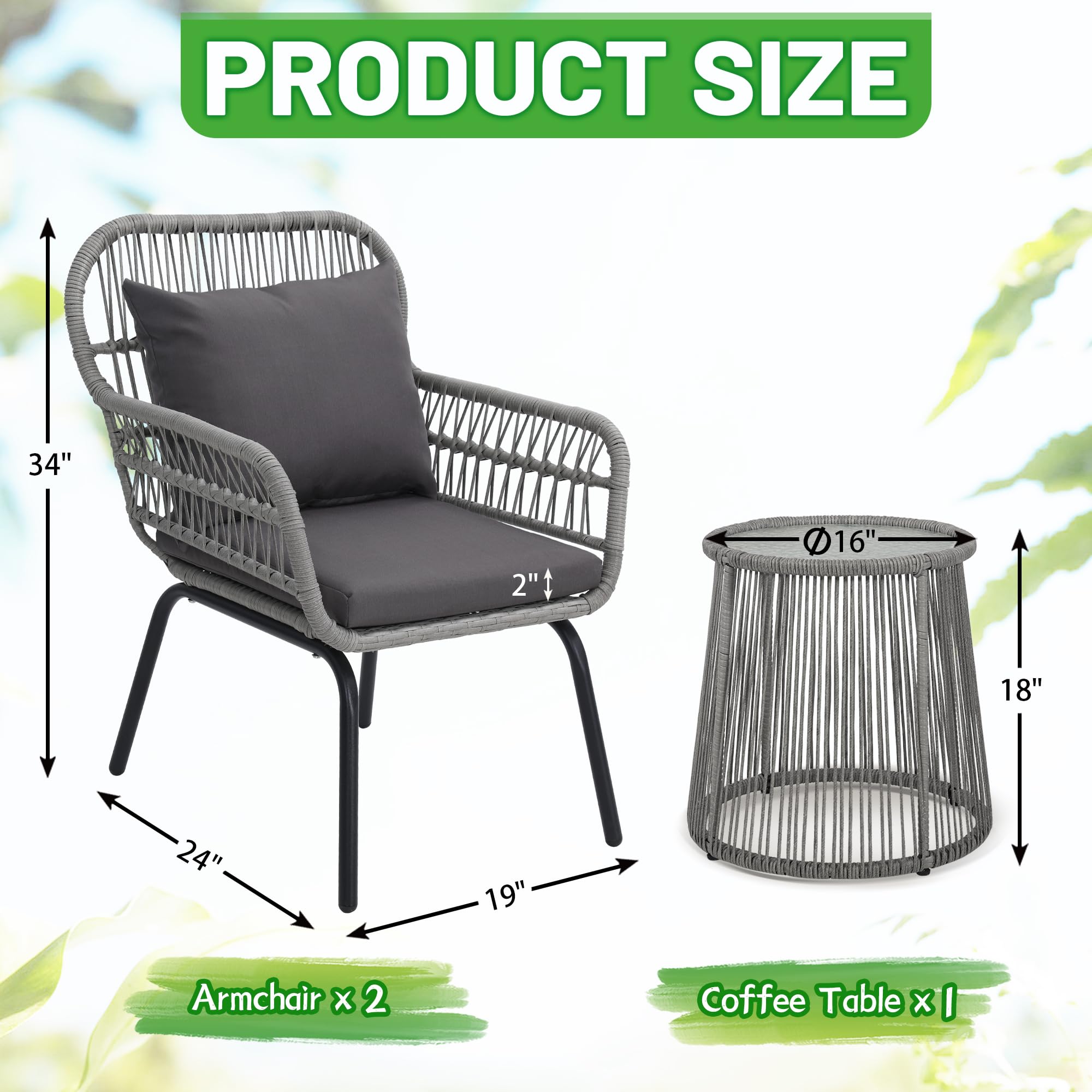 wildformers 3 Pieces Rattan Wicker Bistro Set, Outdoor Conversation Set, Wicker Rattan Furniture Set with Glass Top Table, Space Saving for Balcony, Backyard, Grey