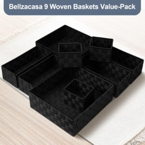 Bellzacasa Woven Baskets for Storage (Set of 9), Storage Baskets for Organizing, Baskets Cube Bin Container Baskets Storage Boxes Organizers for Drawer, Shelves, Closet, Bathroom (9 Piece - Black)