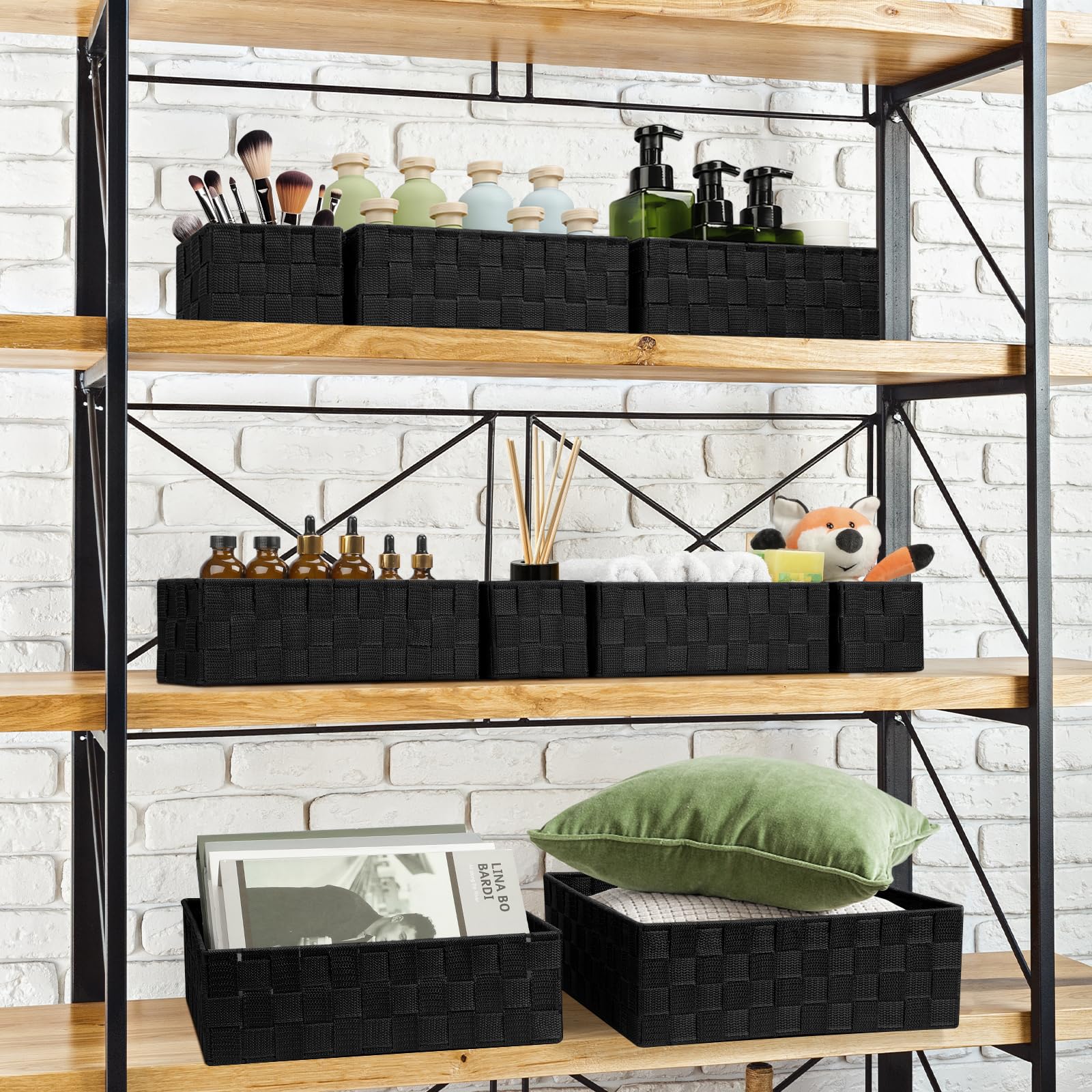 Bellzacasa Woven Baskets for Storage (Set of 9), Storage Baskets for Organizing, Baskets Cube Bin Container Baskets Storage Boxes Organizers for Drawer, Shelves, Closet, Bathroom (9 Piece - Black)