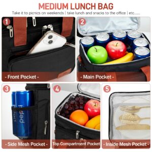 BECOJADDE Lunch Bag for Men and Women, Expandable Insulated Lunch Box Soft Cooler with Shoulder Strap for Work Travel Picnic (15L, Black+Brown)