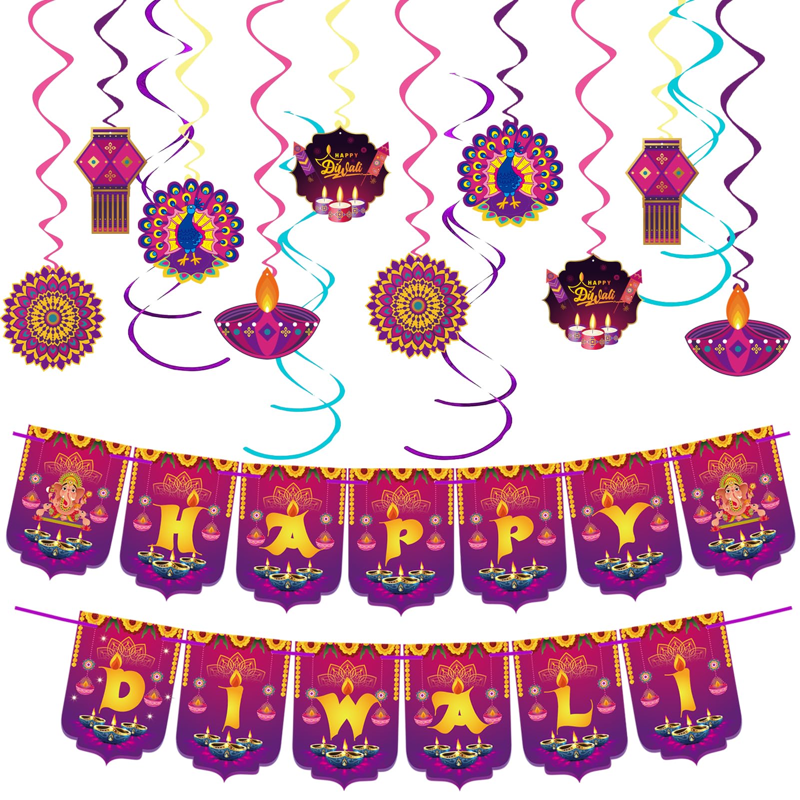 Diwali Decorations, Happy Diwali Banner Decorations for Home, Festival of Lights Party Decor Items, Deepavali Hanging Swirls Garland Indian Decorations for Pooja Puja Wedding Diwali