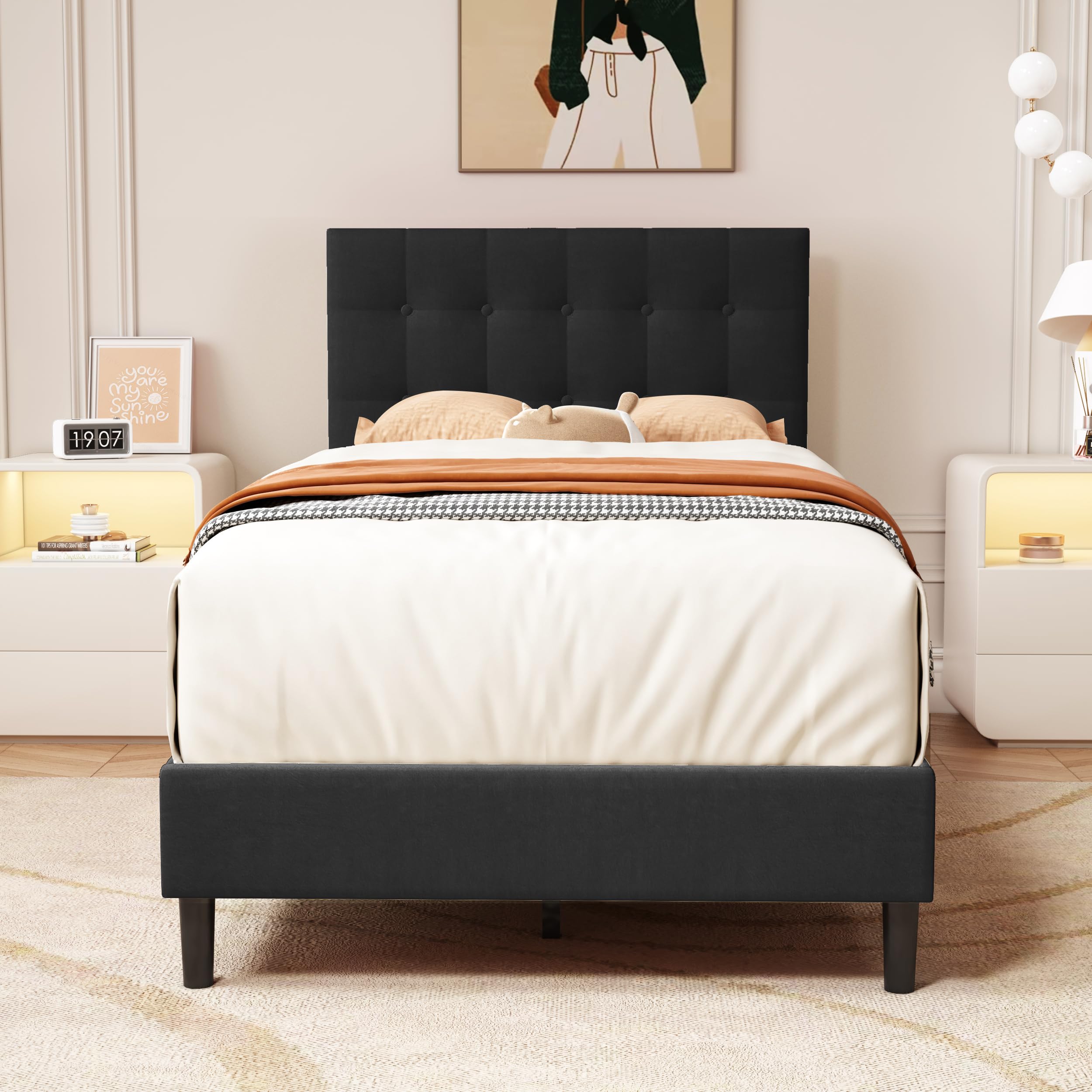 alazyhome Twin Size Upholstered Platform Bed Frame with Button Tufted Linen Headboard Wood Slat Support Easy Assembly No Box Spring Needed Black